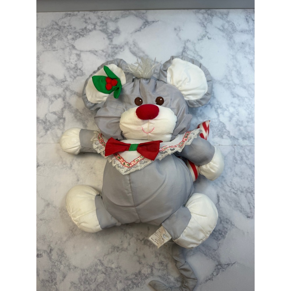Vintage 1987 Fisher Price Christmas Mouse Plush Candy Cane 8016 Gray Red White - Picture 11 of 14